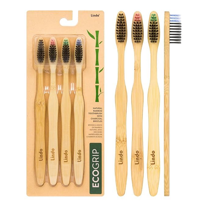 Lindo EcoGrip Charcoal Infused Bamboo Toothbrush - Soft German Made Fiber Bristles, Organic and Recyclable, Multi-Colored - Pack of 4 - Image 1